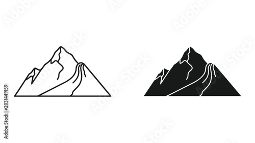 Vector mountain range icon set with black and white outline styles on white background