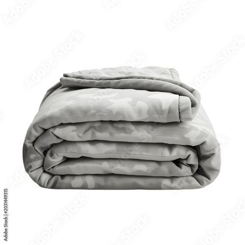 A neatly folded stack of gray comforters on a white background