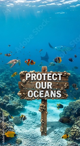 Protect Our Oceans sign underwater with tropical fish and coral reef.