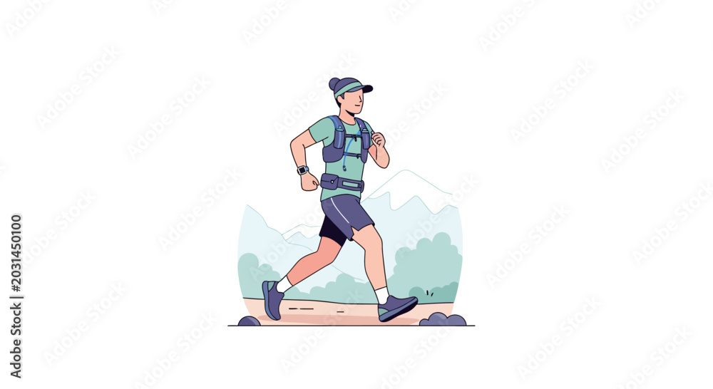 Obraz premium Trail Runner Man Running Marathon in Mountains with Hydration Pack and Cap