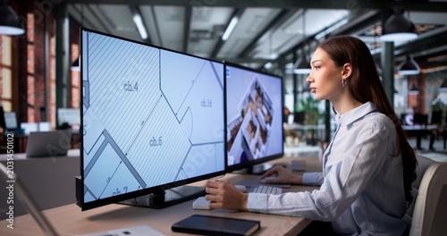Foto Young Woman Uses Computer Software
