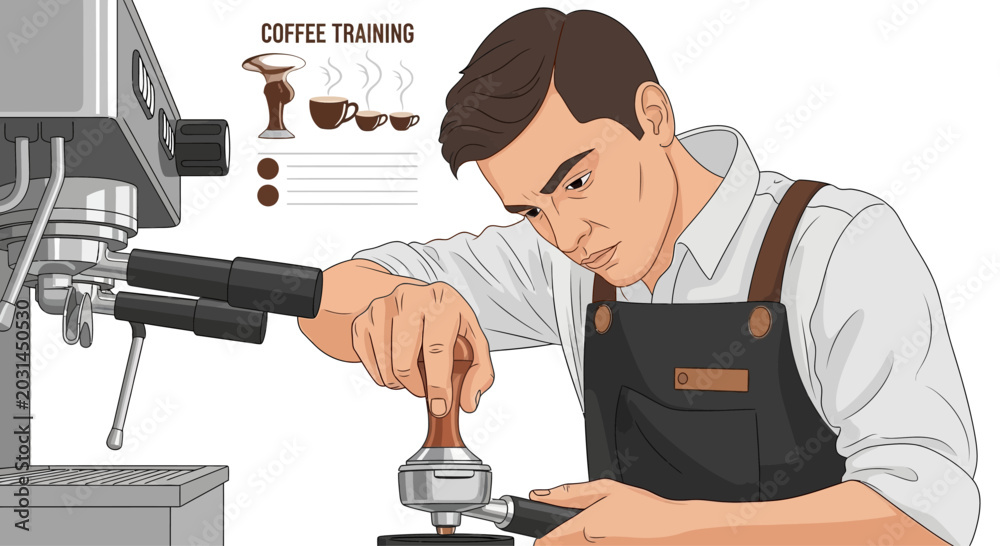 Fototapeta premium Barista training, coffee making, espresso machine, latte art, professional coffee preparation, barista course
