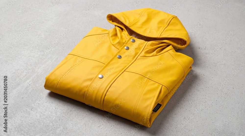 Naklejka premium Folded yellow raincoat with hood on a gray surface