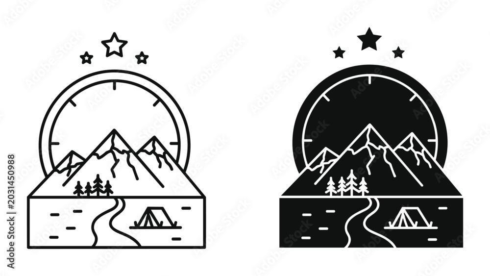 Obraz premium Black and white line art illustration of a mountain landscape with tent and trees isolated on white background