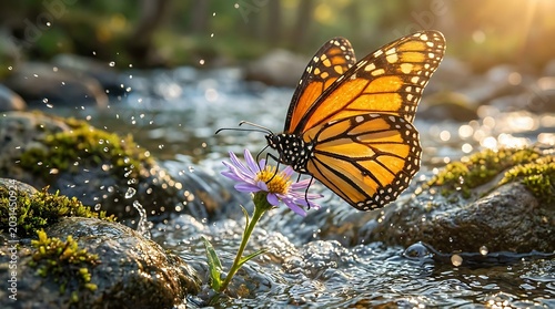 Yellow butterfly on flowers and river