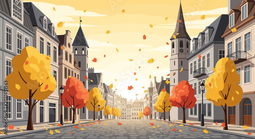 Tablou pe pânză Autumn street scene with falling leaves and European architecture