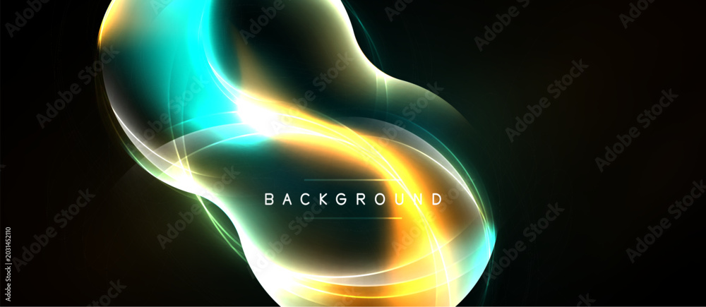 Naklejka premium Abstract flowing shapes, vibrant colors, dynamic light effects. Background features glowing lines, smooth gradients, modern design.