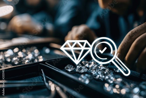 A diamond sorting workshop showcasing sparkling raw gemstones being inspected for quality and authenticity