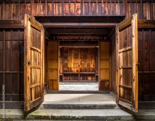 Open Wooden Double Doors Framing Traditional Japanese House Entrance