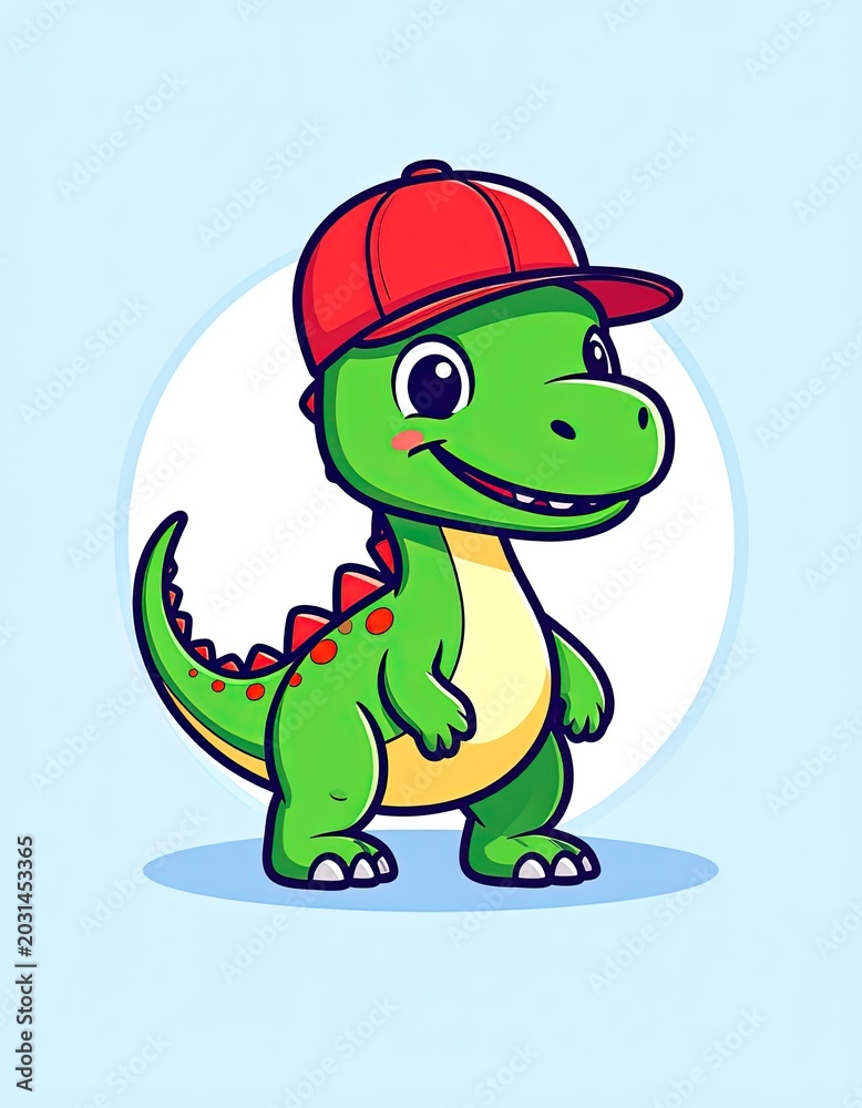 Obraz premium Smiling cartoon dinosaur wearing red cap.