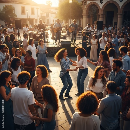 People Dancing at an Outdoor Sunset Concert in a Public Square.