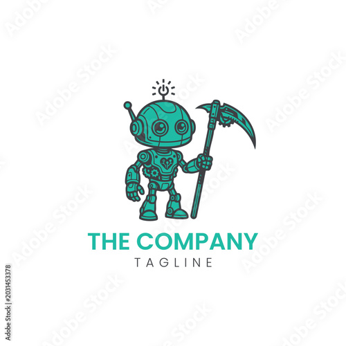 Cute robot mascot holding a scythe logo vector template