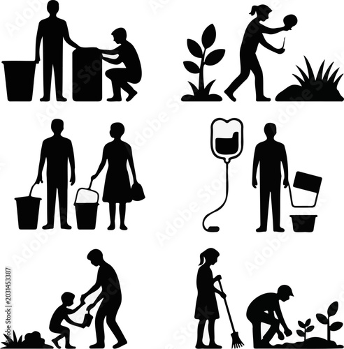 Volunteer and community aid silhouettes set, isolated on transparent background for social work and charity concept design.