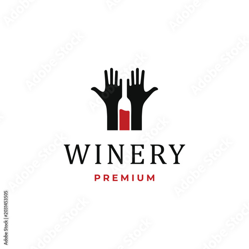 Winery premium logo design featuring hand silhouettes shaping a wine bottle negative space
