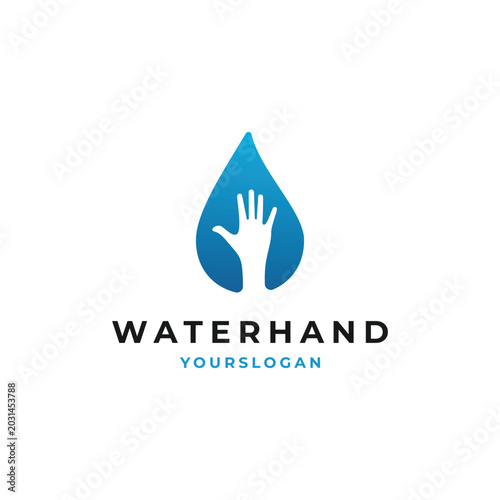 Water hand logo design concept with drop symbol