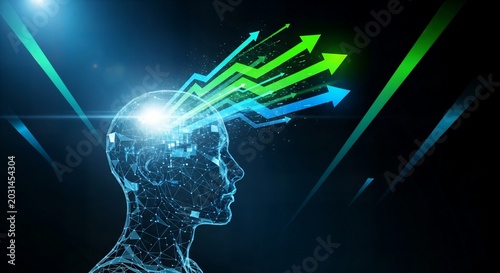 Human Head Silhouette With Growing Digital Arrows Ascending From Brain During Futuristic Growth Concept With Blue And Green Neon Glow