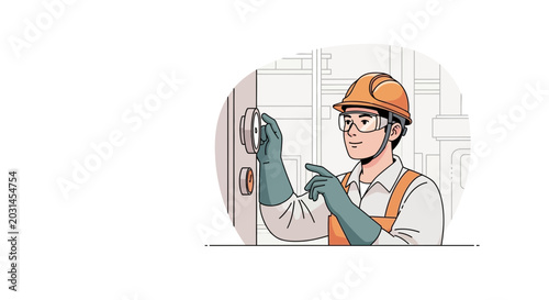 Photography Electrician in hard hat and safety glasses adjusting electrical panel