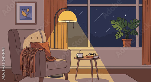 Fotografie Cozy armchair by window at night, warm lamp light, relaxing atmosphere, starry s