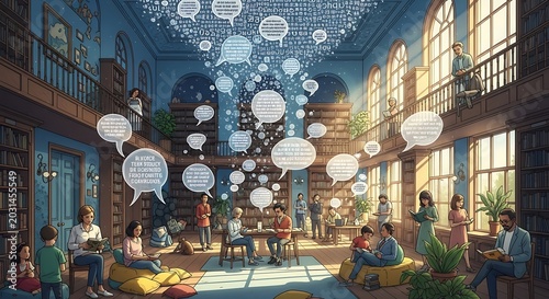 People gathered in a vibrant library with floating speech bubbles representing communication and knowledge sharing.
