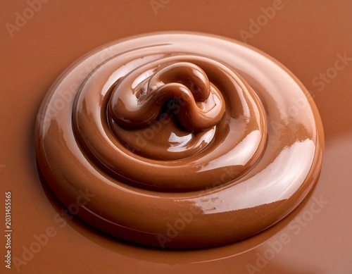 Glossy Melted Chocolate Swirl Resting on Smooth Brown Surface