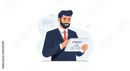 A bearded man in a professional suit analyzes a business strategy diagram on his tablet, showcasing a modern approach to corporate planning.