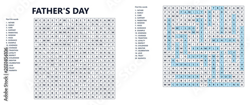 Father's Day word search puzzle with highlighted words. Filword   