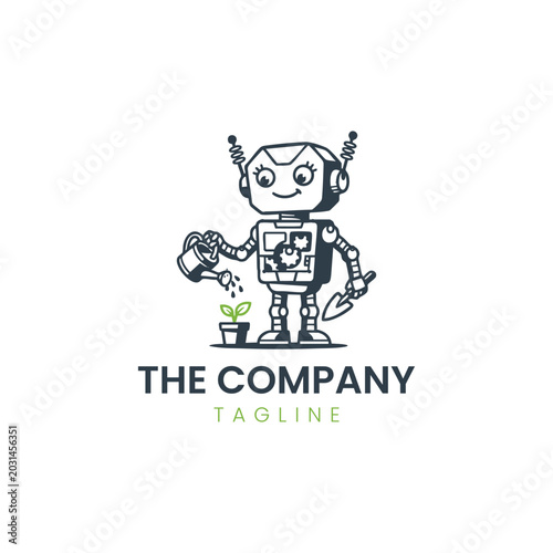 Cute robot watering a plant mascot logo vector template