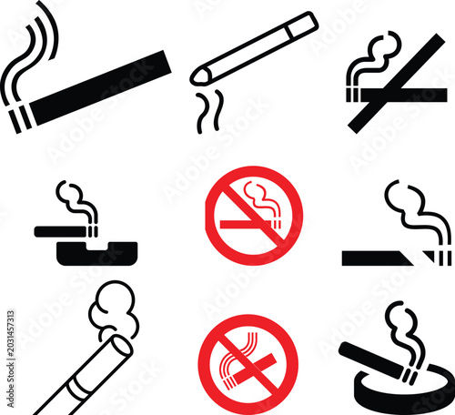 Foto Cigarette icon set representing smoking habit, tobacco product, nicotine symbol,