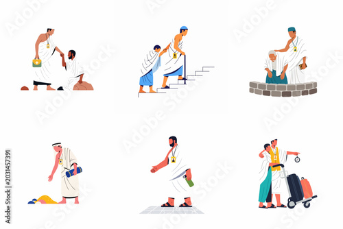 Bild auf Leinwand Flat vector illustration set depicting Muslim pilgrims performing various rituals and activities during the Hajj or Umrah pilgrimage in Mecca