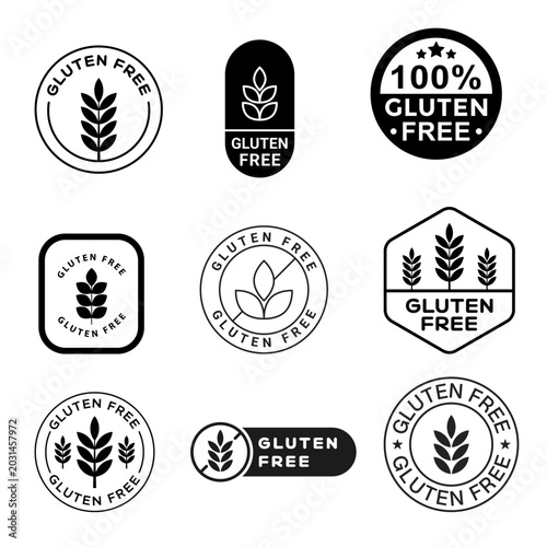 Schilderij op canvas Black and White Gluten Free Icon Set Clean Eating Dietary Symbols