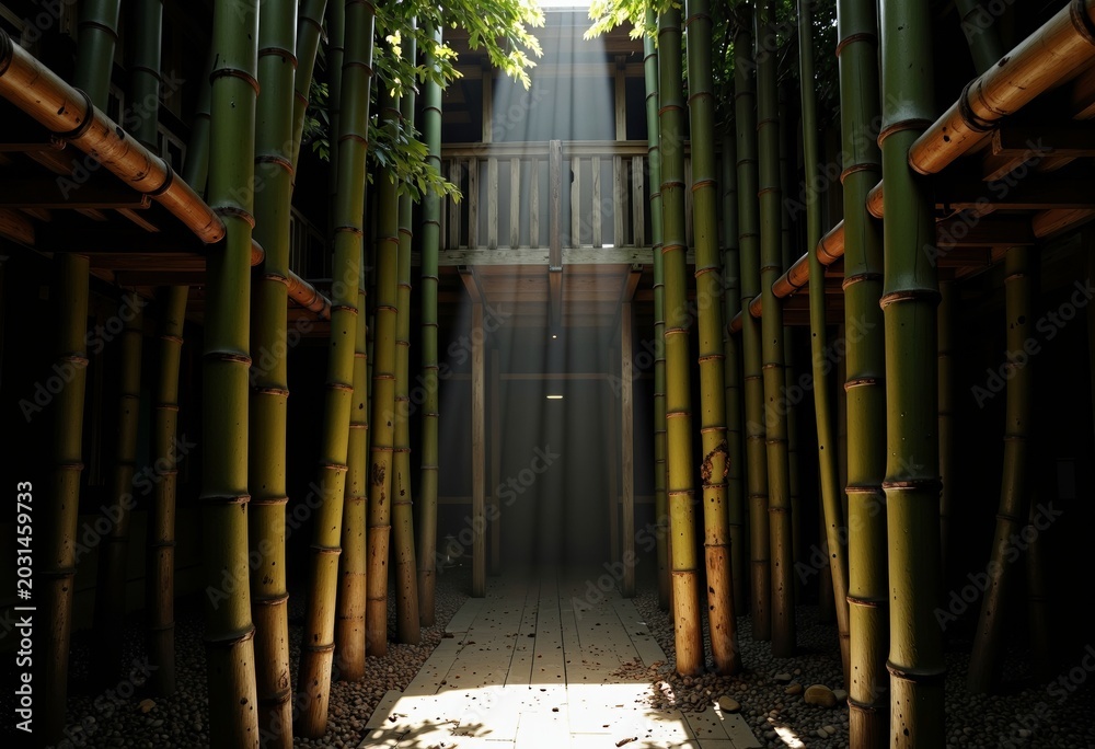 Obraz premium Sunlight Filtering Through Vibrant Green Bamboo Forest in Serene Courtyard