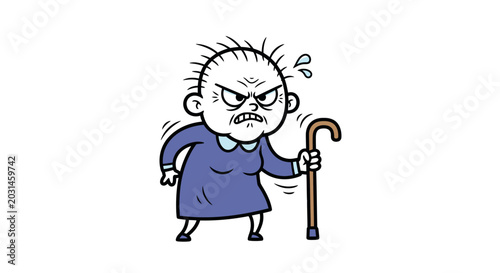 Fotografie Angry Old Woman with Cane - Frustrated Senior Character Illustration