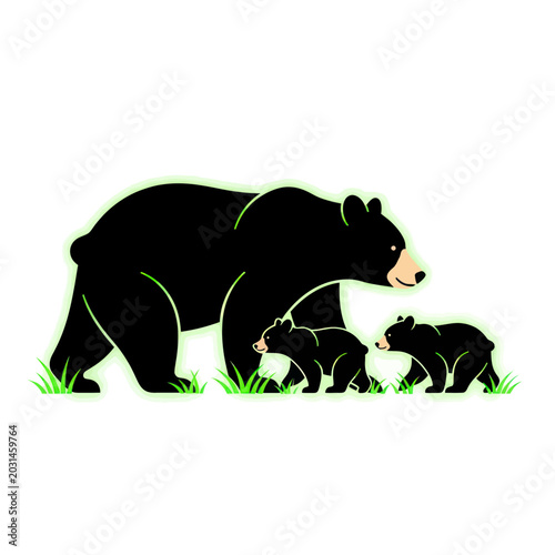 Bilde på lerret Black Bear Mother with Two Cubs in Grass