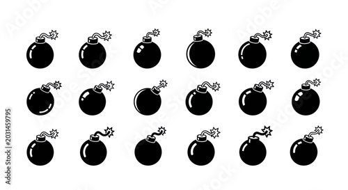 Schilderij op canvas Explosion Icons Set, Black Round Bomb with Fuse, Danger Symbol, Vector Illustrat