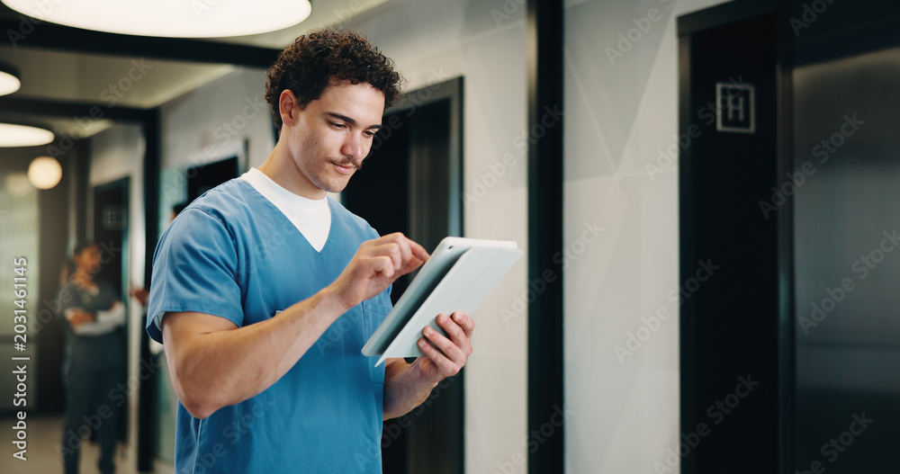 Fototapeta premium Healthcare, nurse and man with tablet, reading report or update records for insurance in clinic. Tech, medical and person in hospital for research, telehealth history and review schedule for admin