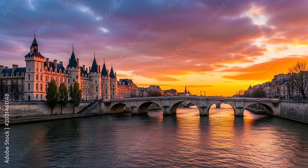 Fototapeta premium Dramatic cityscape at sunset with river and bridge architecture