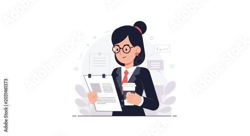 A professional businesswoman in a suit and glasses looks at a clipboard while holding a coffee cup in a minimalist office setting vector illustration.