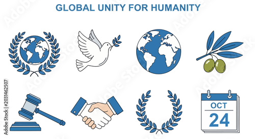 Картината върху платно A grid of eight icons featuring a globe dove gavel handshake laurel wreaths oliv