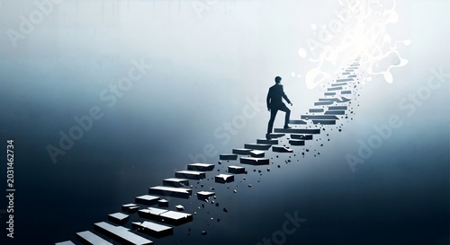 Man climbing stairs towards bright light symbolizing success and future potential in abstract setting