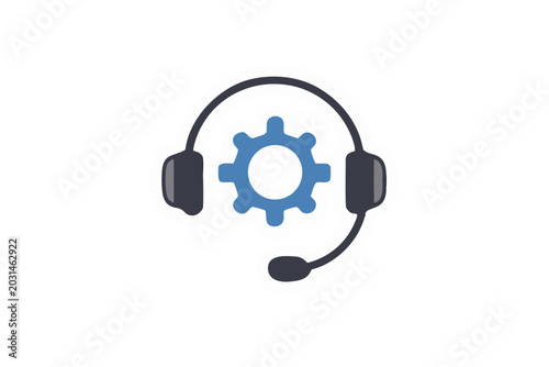 Customer support headset with blue gear icon, vector illustration isolated on transparent background for tech service, call center, help desk, maintenance, online assistance and workflow UX.