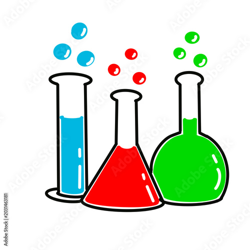 chemical Colorful chemistry laboratory glassware illustration with bubbling liquid in test tubes and flasks isolated on light background