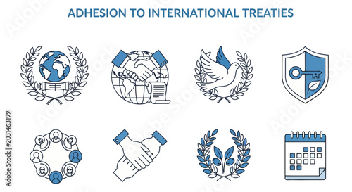Canvas Print Eight blue and white line art icons depicting symbols related to international a