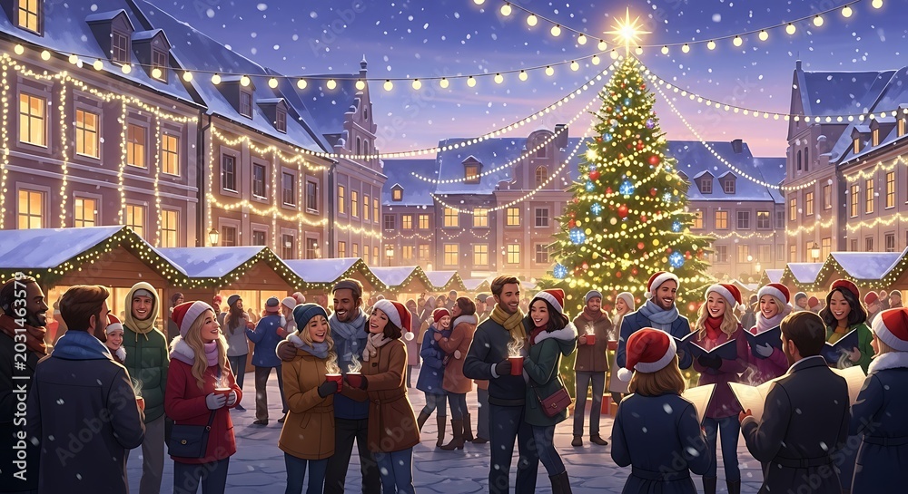 Obraz premium People Gathering at a Festive Christmas Market Square at Night.