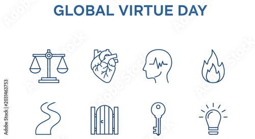 Photos The text GLOBAL VIRTUE DAY sits above eight blue lineart icons arranged in two r