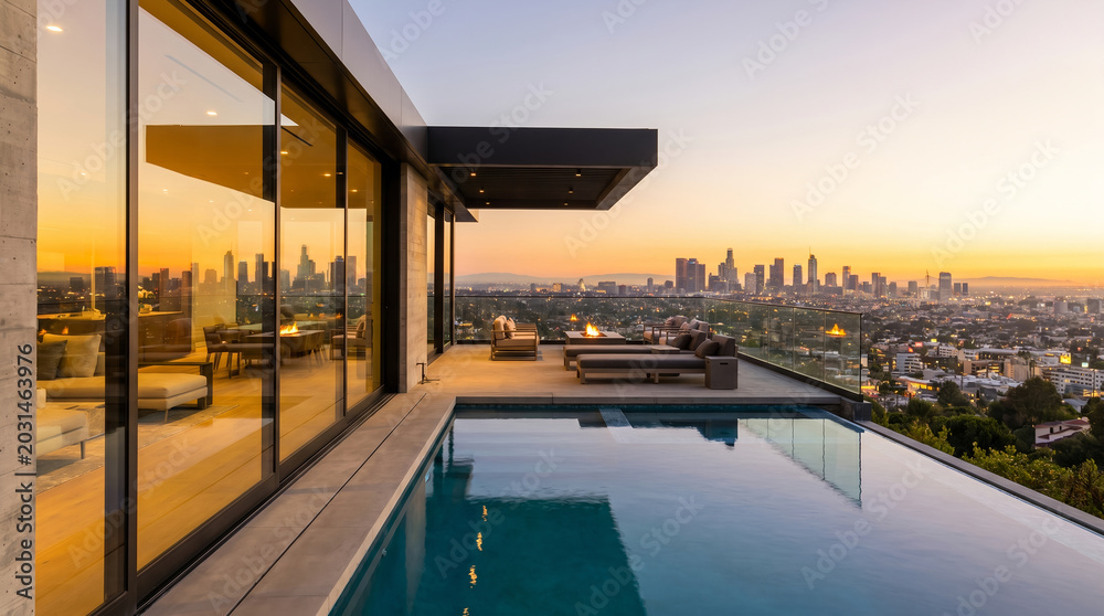 Fototapeta premium Contemporary villa outdoor patio deck, with glass walls and swimming pool reflection, facing illuminated urban cityscape at dusk, in an upscale residential area, real estate photography