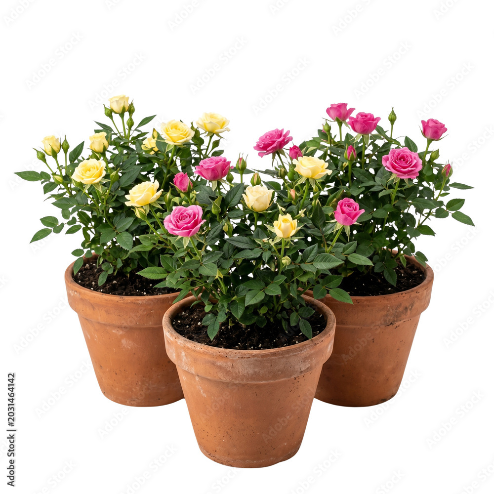 Naklejka premium Three potted miniature roses in pink and yellow, isolated on white background.