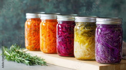 a close up, eye level, studio shot of five clear glass jars of pickled vegetables with silver lids lined up on a light wooden board. the jars