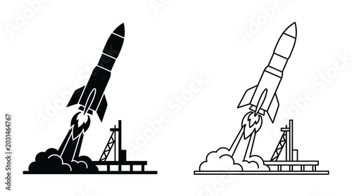 Black and white rocket launch icons detailed silhouette and outline vector illustrations of a spaceship taking off from a pad