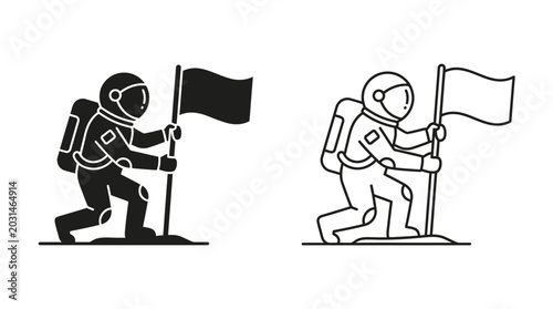 Pioneering spirit astronaut planting flag silhouette and outline illustration on white background