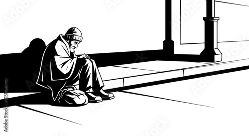 Tableau sur toile Homeless man sitting on sidewalk, illustration, stark contrast, poverty concept
